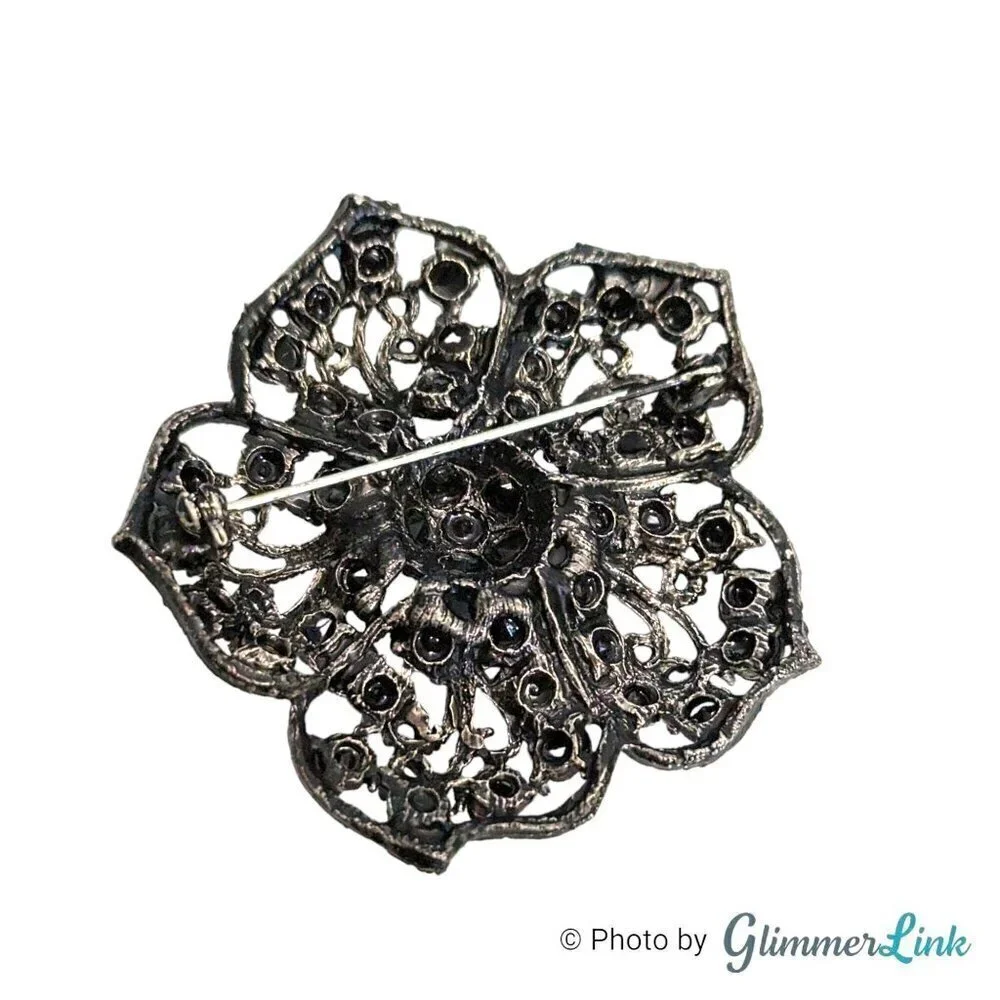 Vintage Black Rhinestones Filigree Lace Flower Brooch Pin